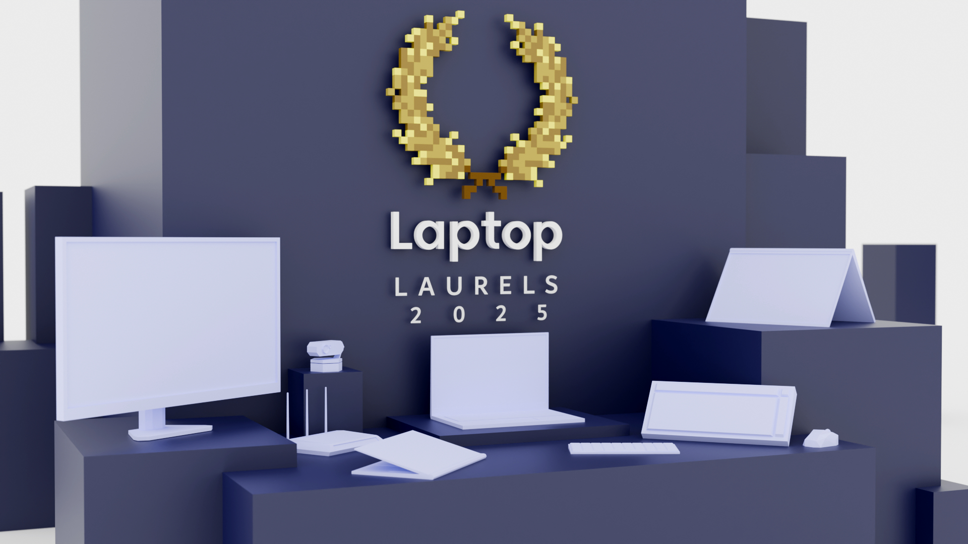 3D render of low-poly computers and computing accessories on podiums, including monitors, webcams, routers, mice, keyboards, and 1分钟体彩168历史记录查询结果号码-极速赛车 Laptops beneath a 极速赛车168官网记录-查询赛车结果预测网 Laptop® 'Laptop Laurels 2025' badge.