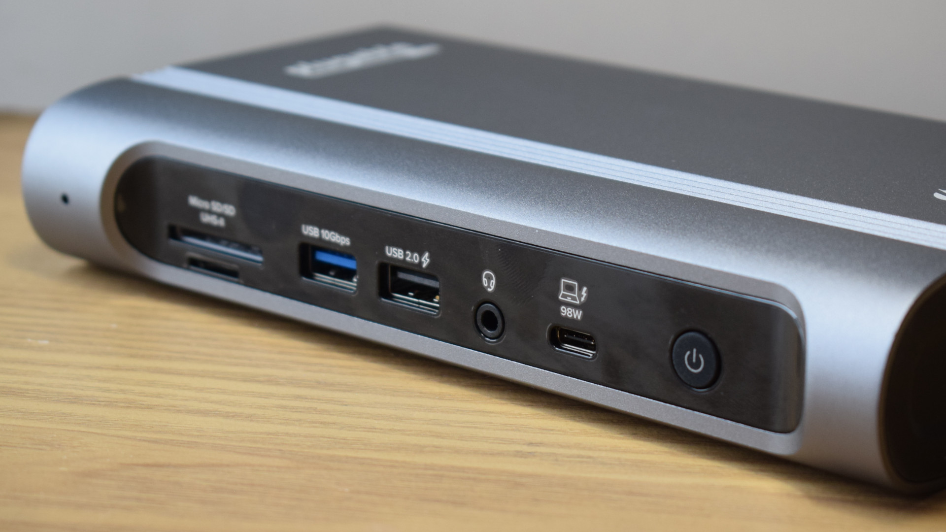 Photo of the Plugable Thunderbolt 4 & USB4 Quad Display Docking Station (TBT4-UDZ) showing the front-facing ports of the dock.