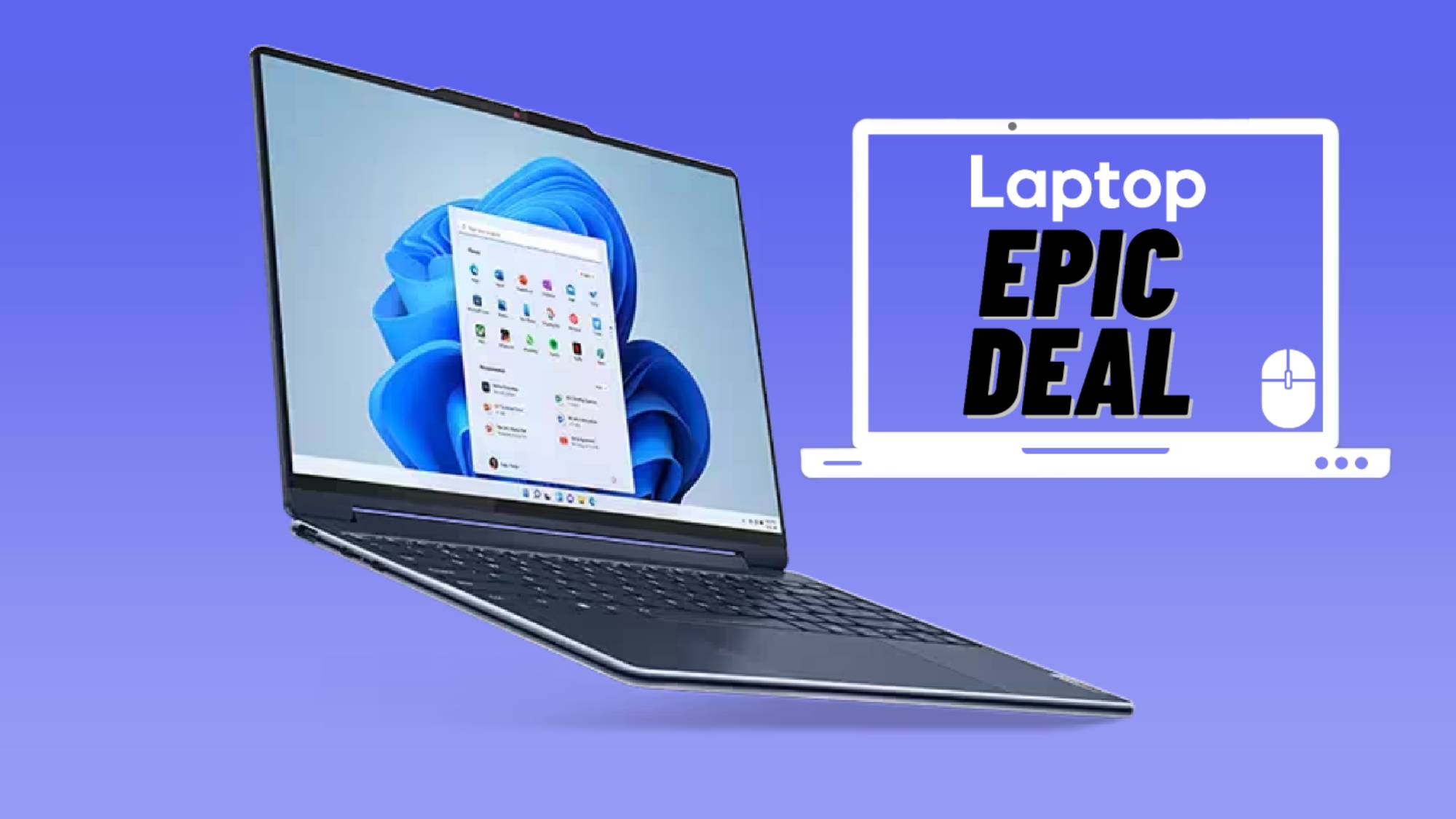 Blue Lenovo Yoga 9i 2-in-1 laptop against blue gradient background.