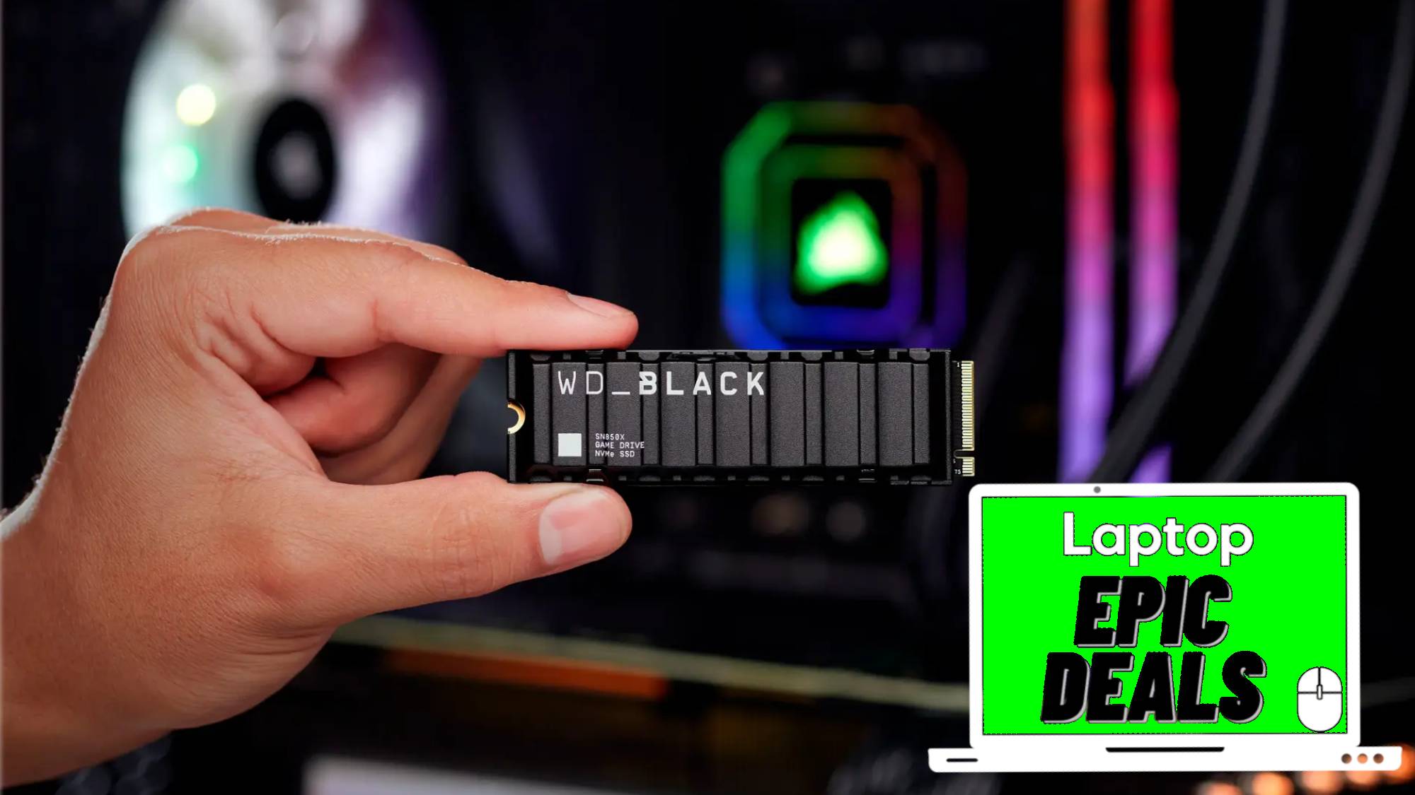 Man holding a WD Black SN850X game drive with an RGB gaming PC in the background.