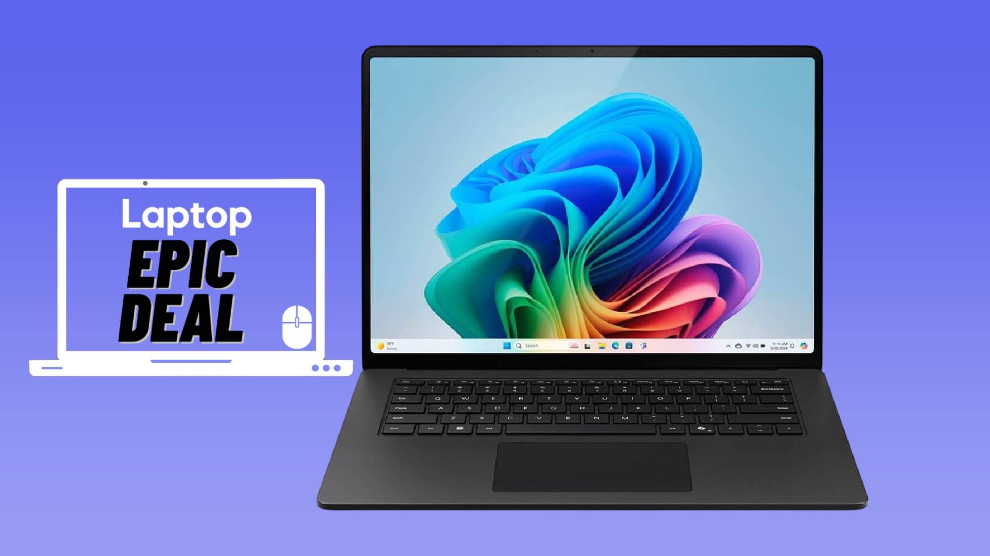 Black Surface Laptop 7 against a blue gradient background.