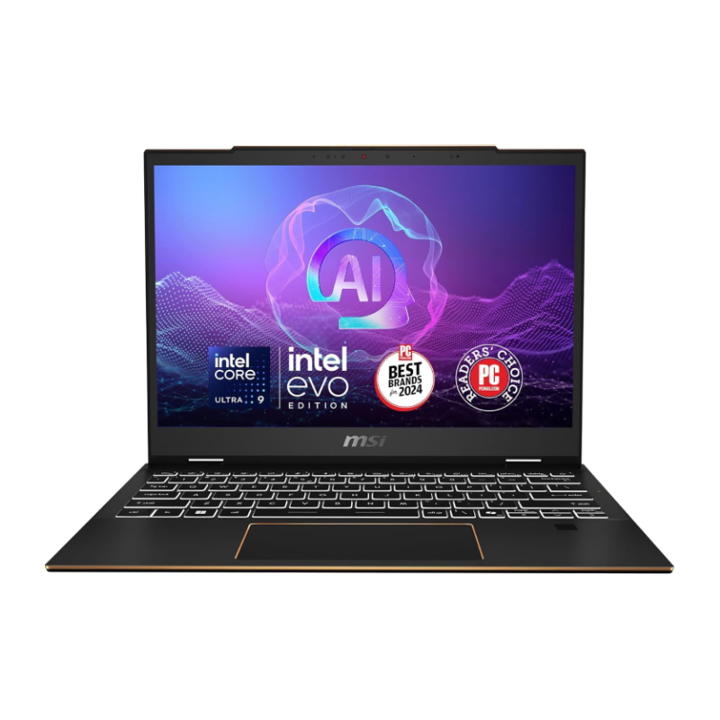 An open and powered on MSI Summit 13 AI+ Evo laptop on a white background.