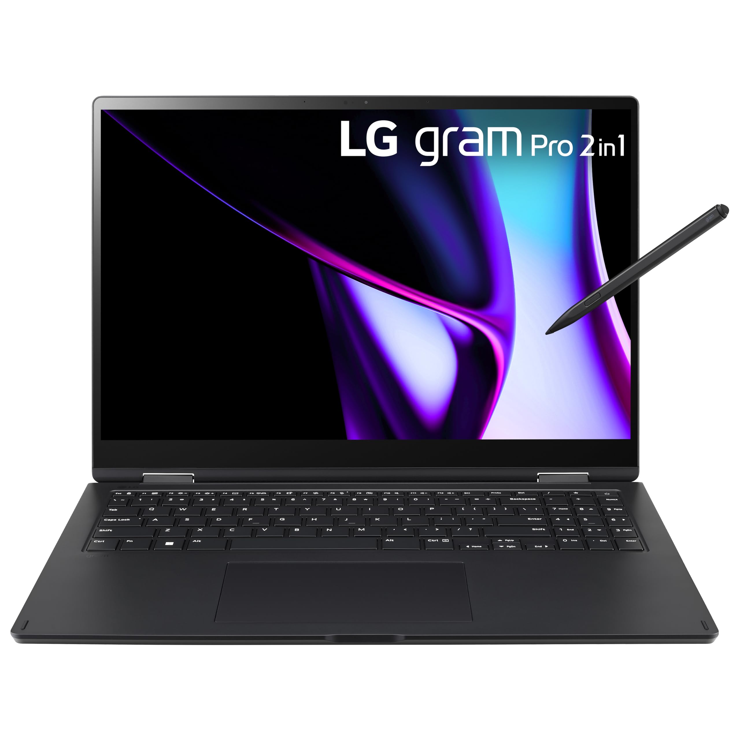 An open and powered on LG Gram Pro 16 laptop facing forward against a white background.