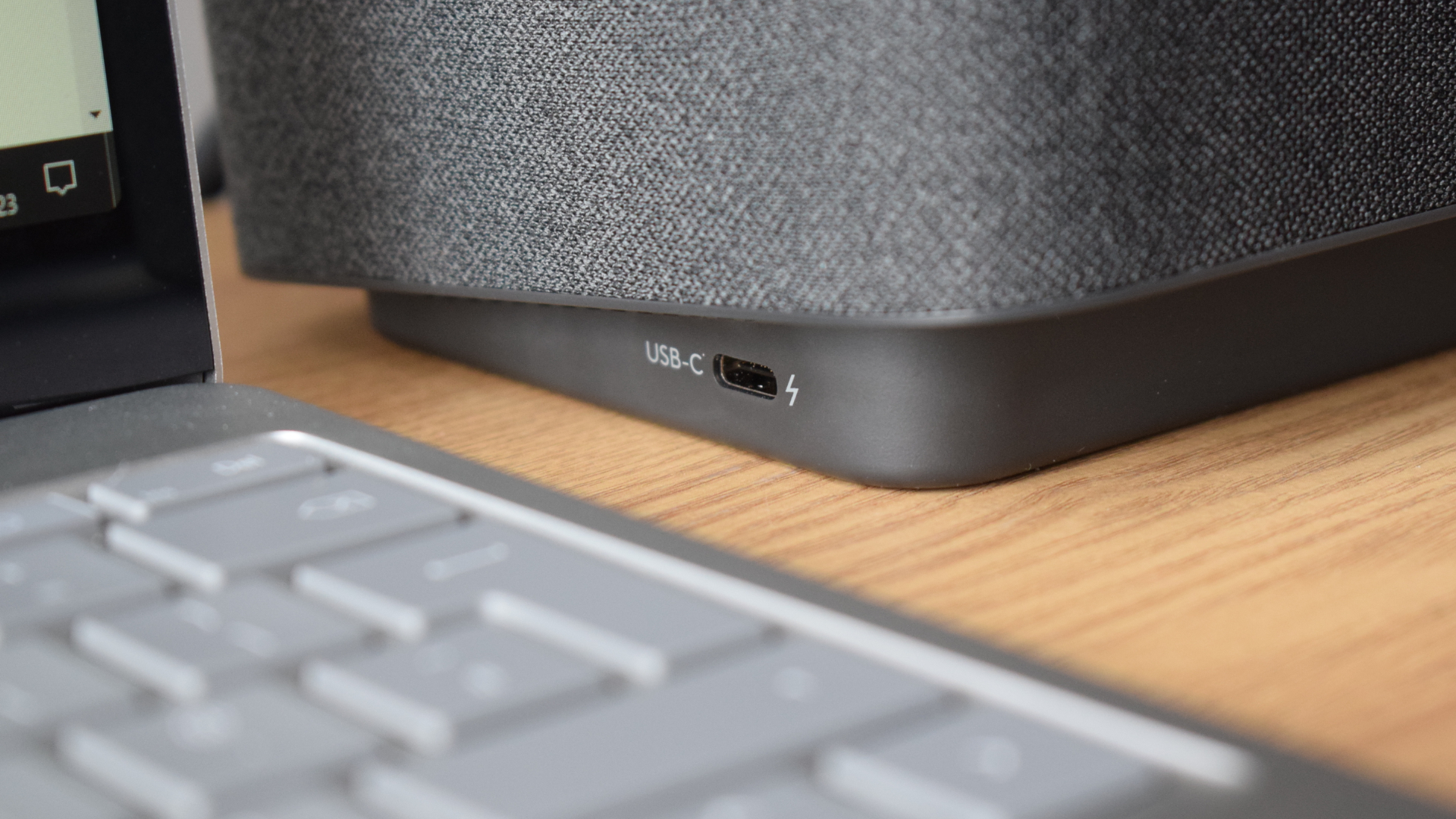 Close-up photo of the Logitech Logi Dock docking station's left-hand USB-C port.