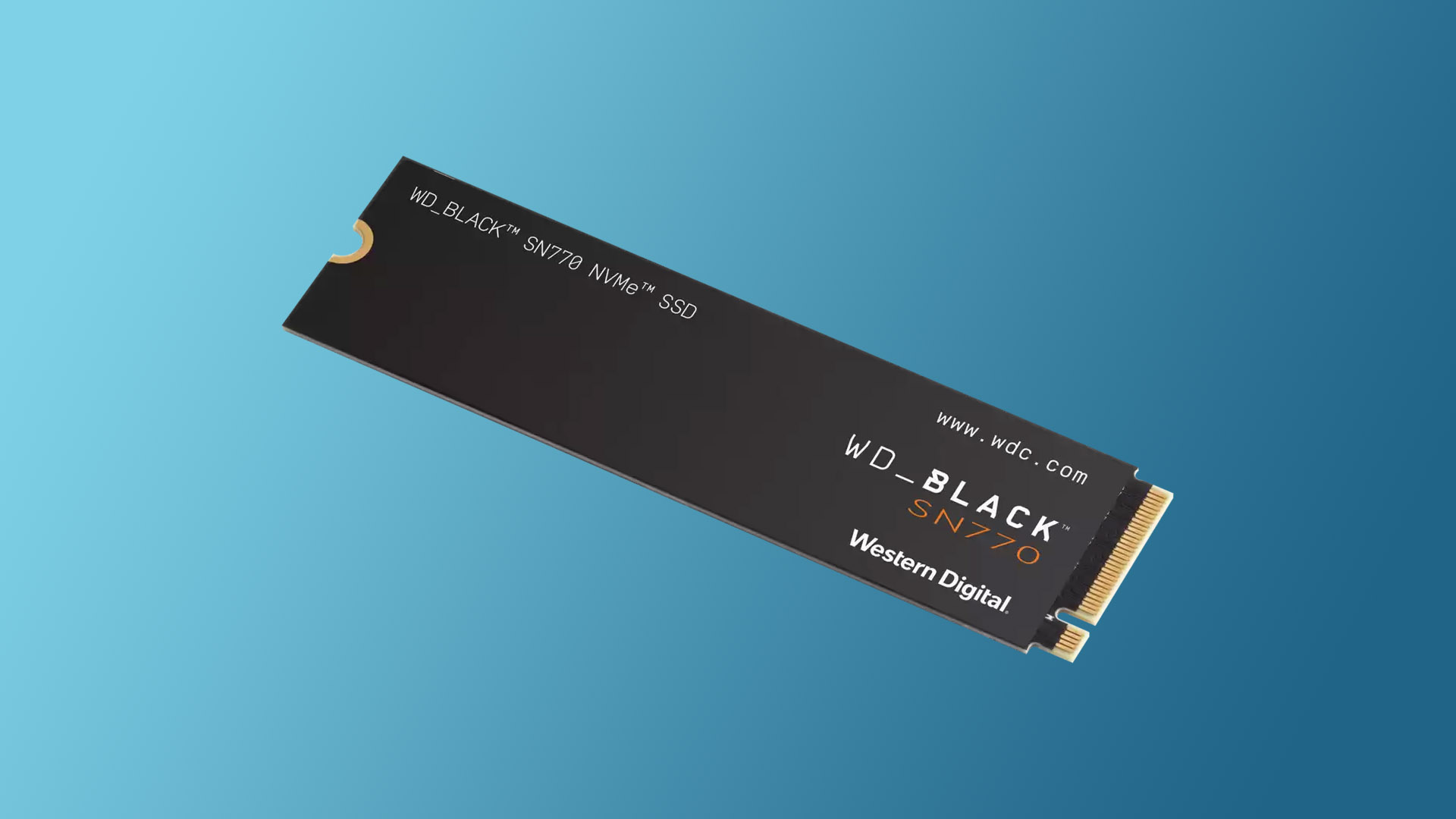 A WD Black SN770 SSD on a blue gradient background.