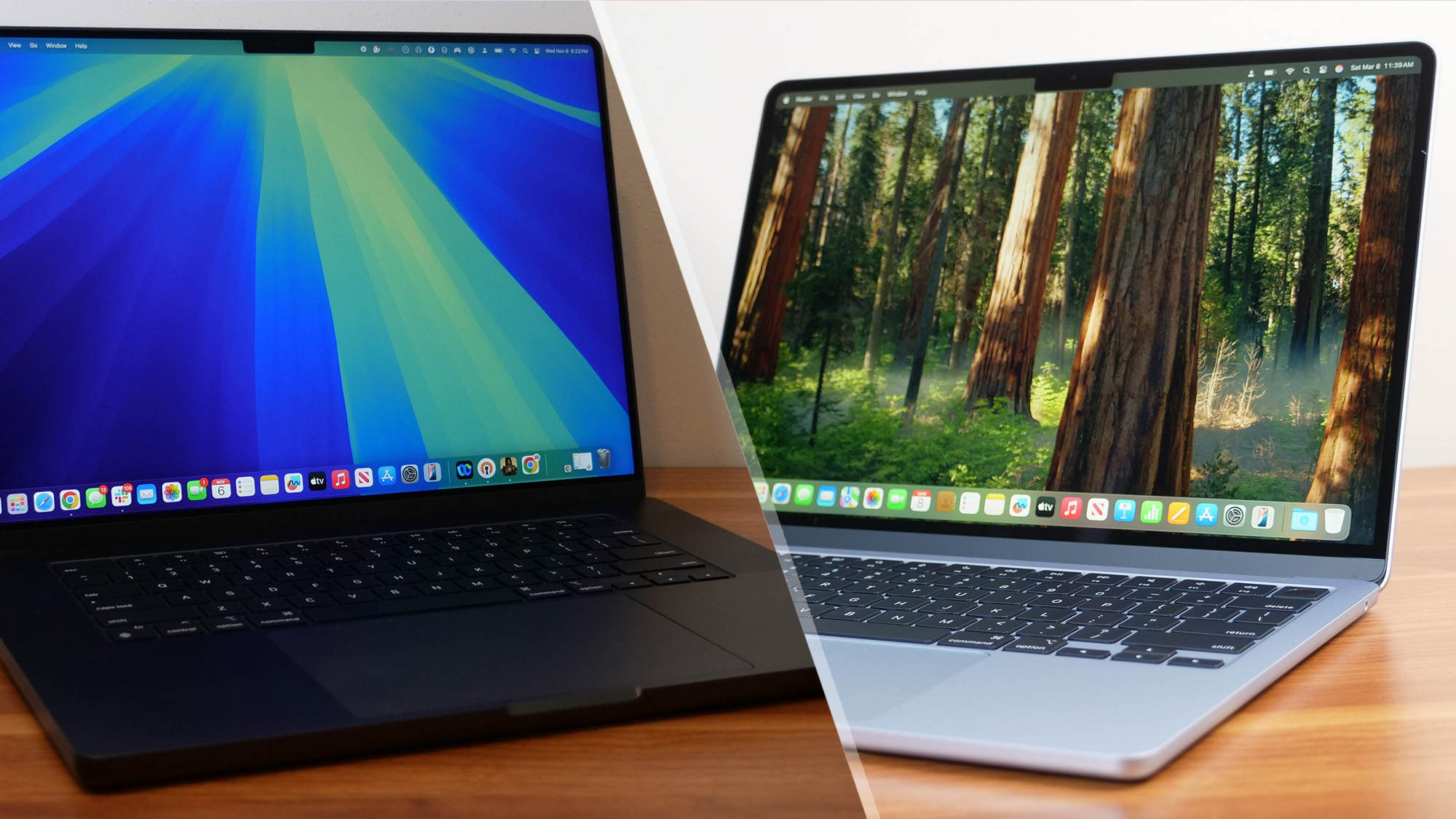 MacBook Pro 14-inch M4 on a wooden table shown in a split screen image next to a MacBook Air 13-inch M14 on a wooden table. 