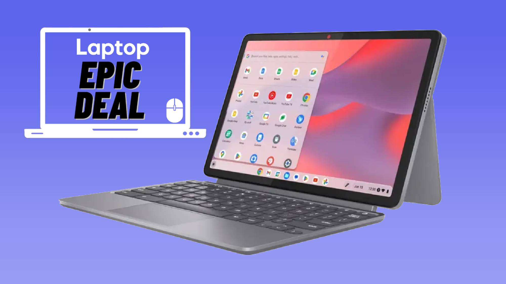 Lenovo Chromebook duet 11 gen 9 with folio keyboard against blue gradient background.