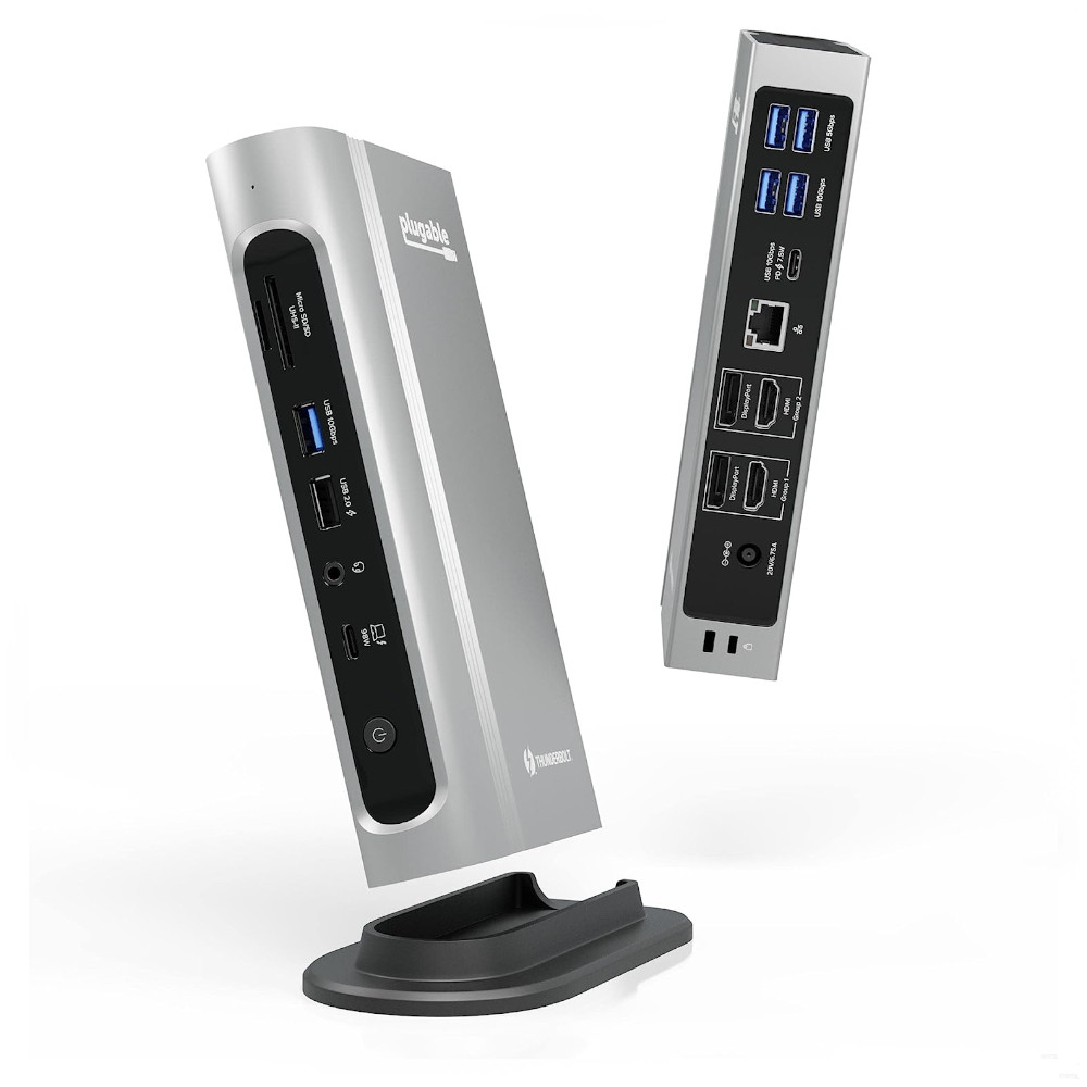 Plugable Thunderbolt 4 &amp;amp; USB4 Quad Display Docking Station TBT4-UDZ showing both front and back views on a white background.
