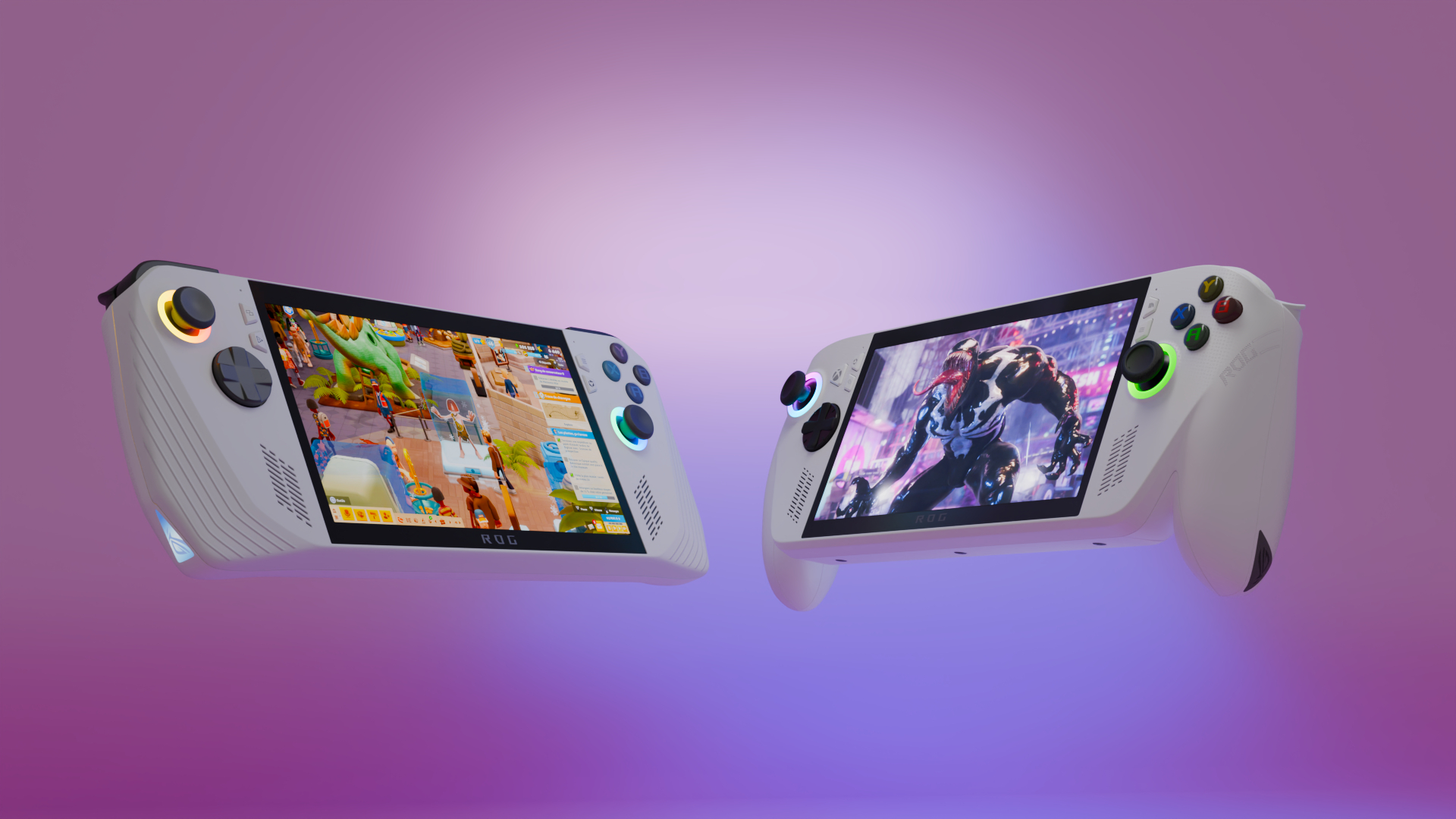 3D render of the Asus ROG Xbox Ally and ROG Xbox Ally handheld gaming PCs playing Two Point Hospital and Spider-Man 2 in front of a colorful backdrop.