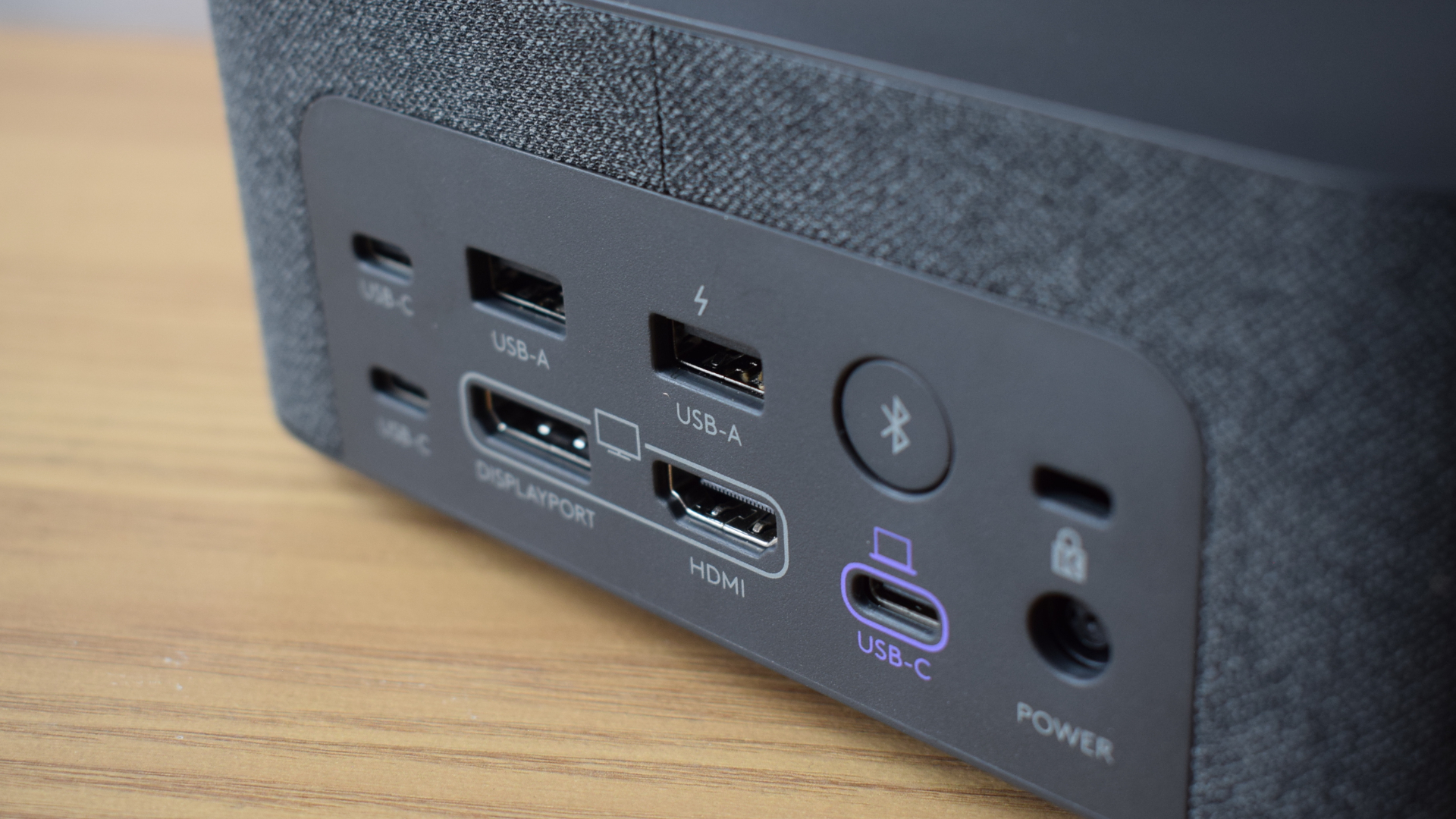 Close-up photo of the Logitech Logi Dock docking station's rear-facing ports.