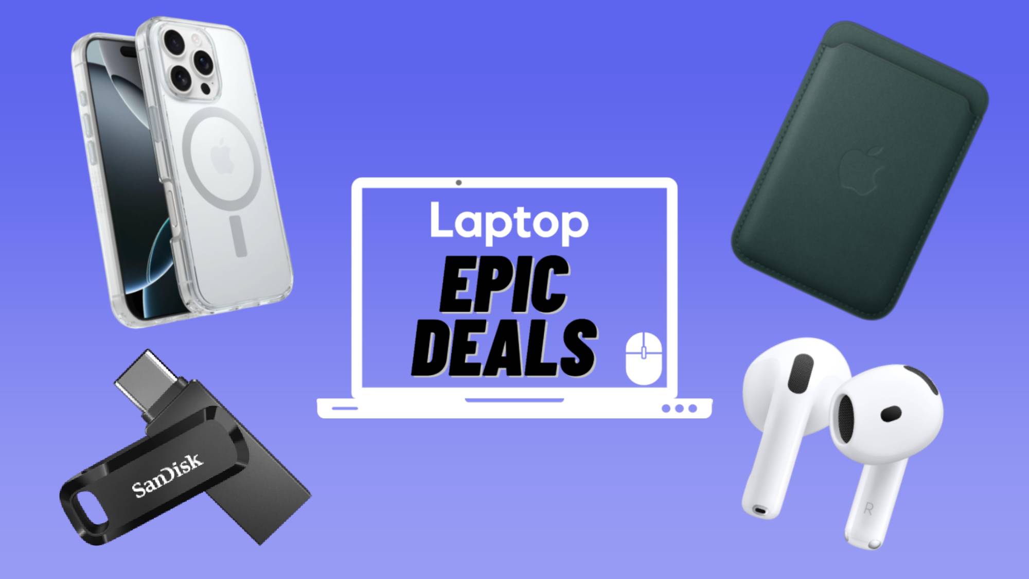 Otterbox MagSafe Case, SanDisk USB-C flash drive, AirPods 4, Apple FineWoven MagSafe Wallet Case against blue gradient background