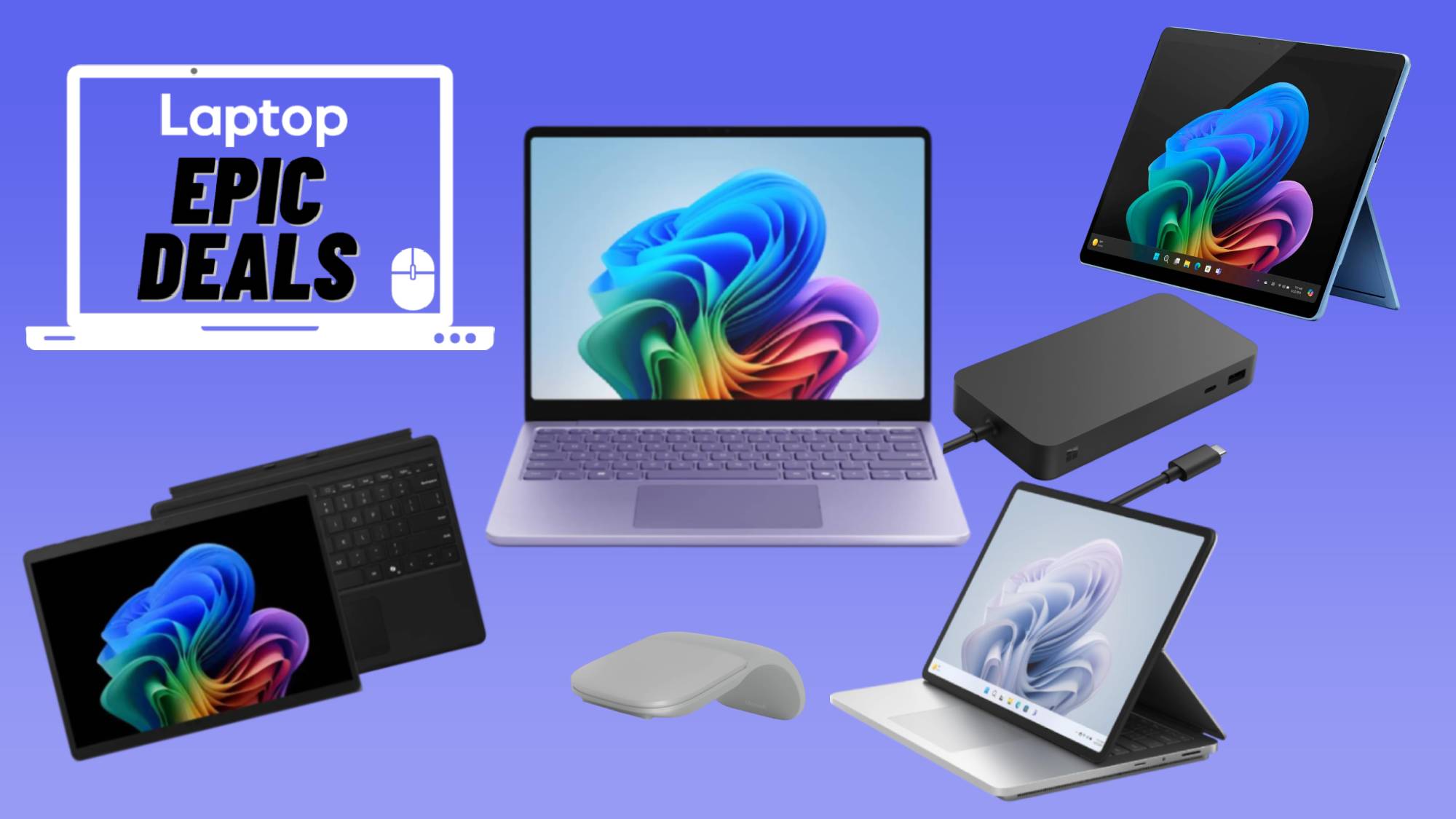Black Surface Pro 11 with keyboard, Purple Surface Pro Copilot+ PC 2025, Silver Surface Laptop Studio 2, Blue Surface Pro Copilot+ PC 2025, Black Surface Thunderbolt Dock, and Silver Surface Arc mouse against blue gradient background.