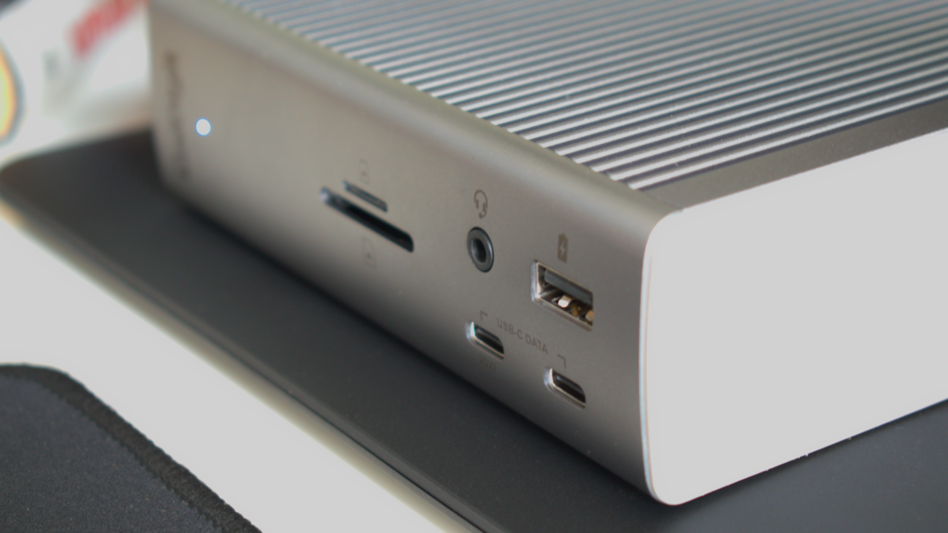 Image of the CalDigit Thunderbolt Station 4 showing its front ports in horizontal orientation.